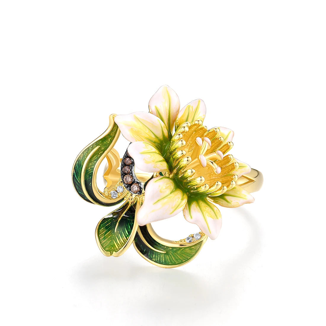 Gold ring with detailed yellow and white enamel flower, green enamel leaves, and subtle crystal accents