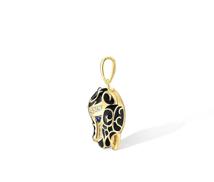 Occhi di Blu jewelry set featuring gold-tone leopard heads with sapphire blue eyes and black enamel detailing from the Bianco Nero collection.