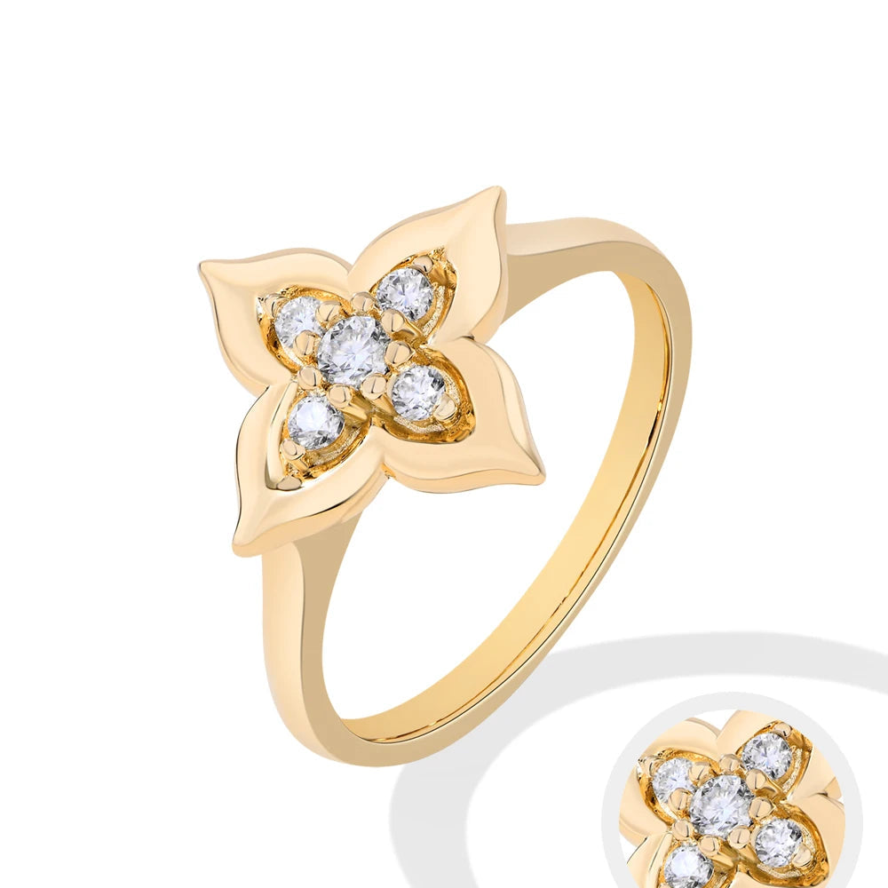 Moissanite floral ring in white gold and yellow gold plating, shown on hand and styled in various settings