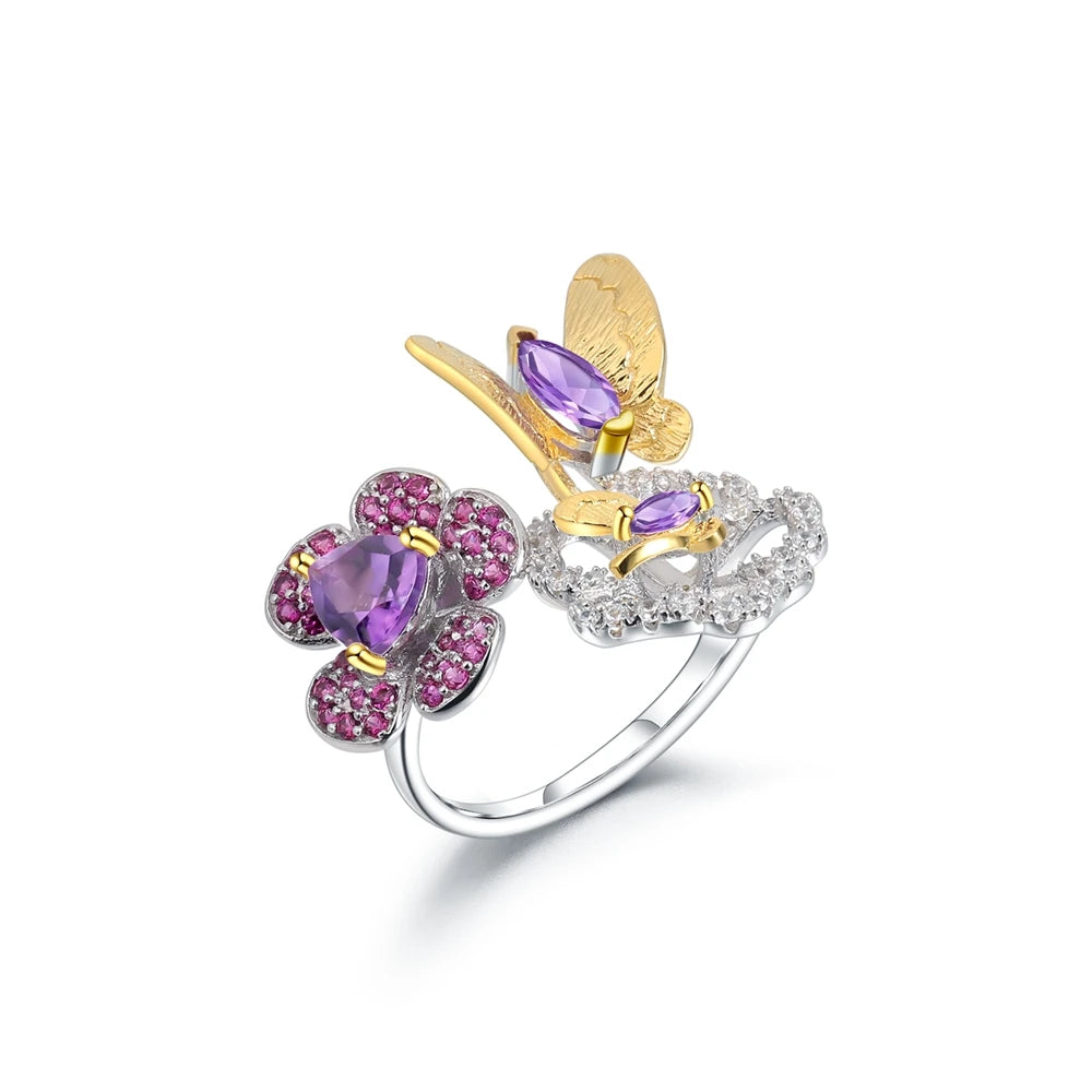 Open floral ring with red gemstone flowers and butterflies in silver and gold tones from the Rossa Collection.