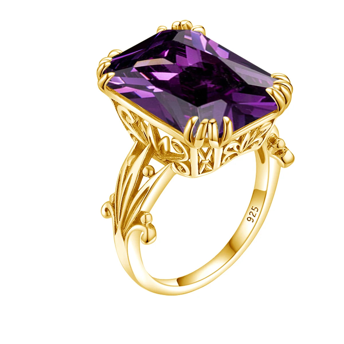 Gold rings with large square-cut gemstones in amethyst purple, deep sapphire blue, icy aquamarine, and bright sky blue on a light blue background