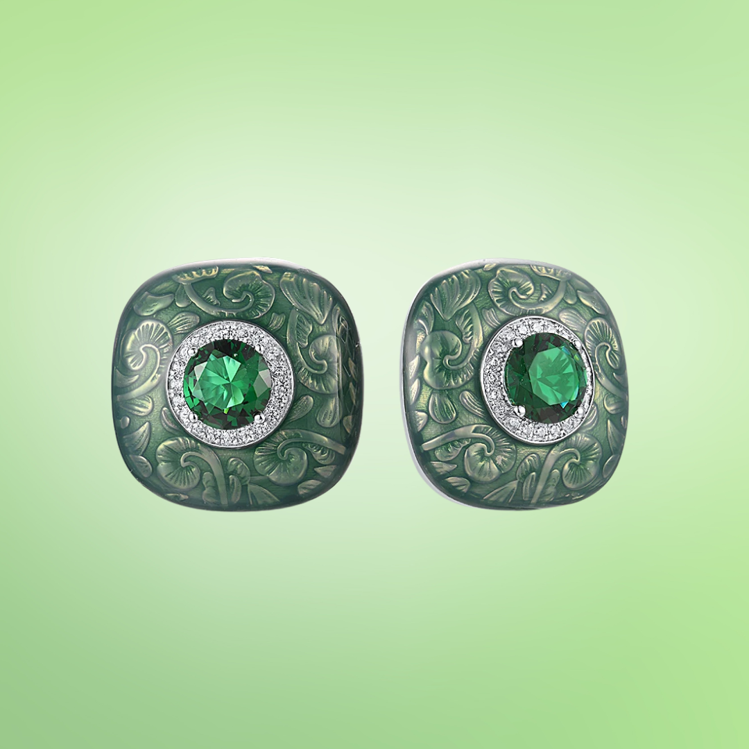 Square green enamel earrings with filigree floral pattern and central green round stones