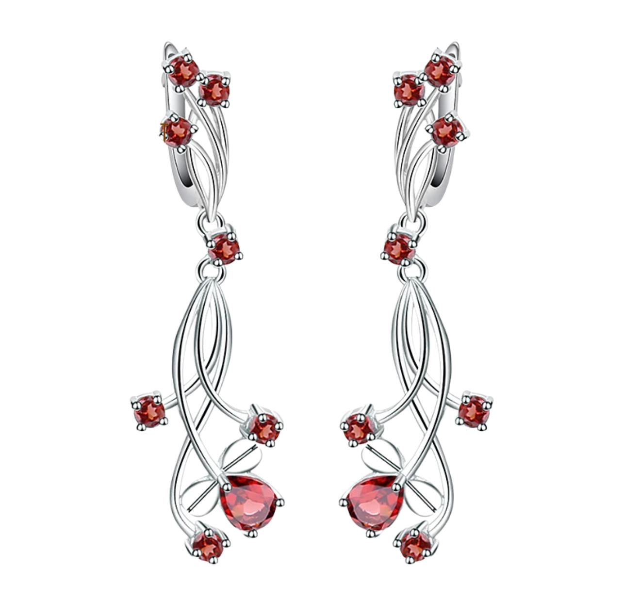 Pair of silver drop earrings with delicate red gemstones, featuring interlaced curves and teardrop-shaped red stones.