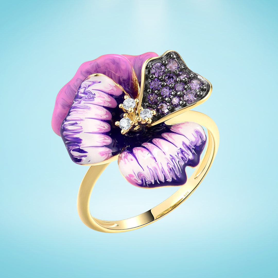Gold ring with hand-painted violet enamel flower and purple stones