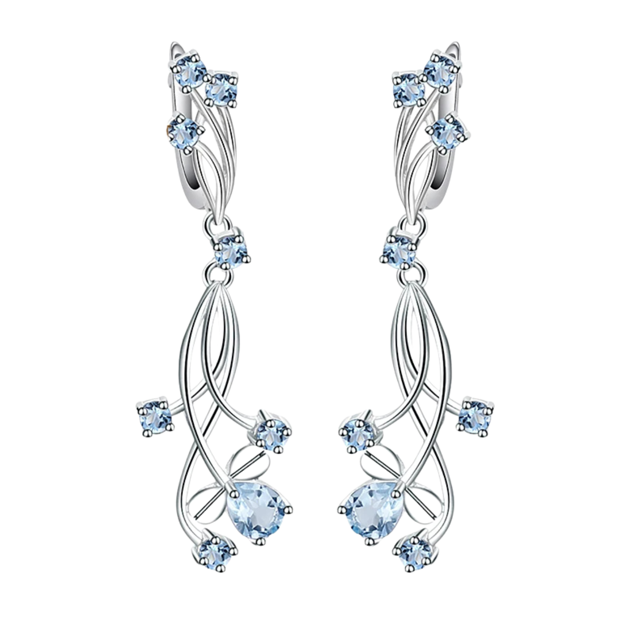 Sterling silver drop earrings with curved lines and scattered light blue gemstones resembling delicate flower petals