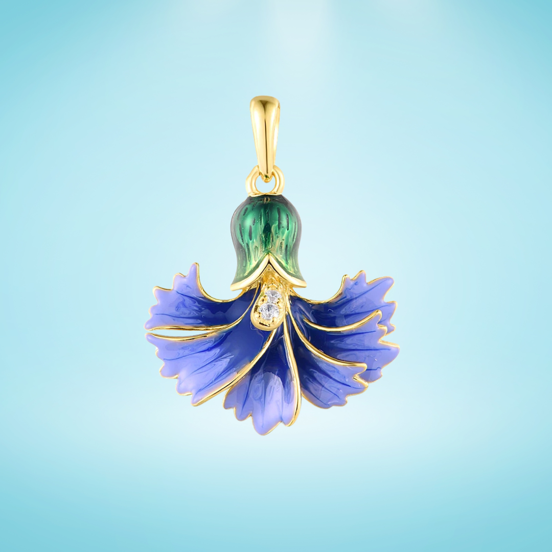 Gold-plated floral pendant with violet enamel petals, green enamel cap, and a sparkling stone at the center