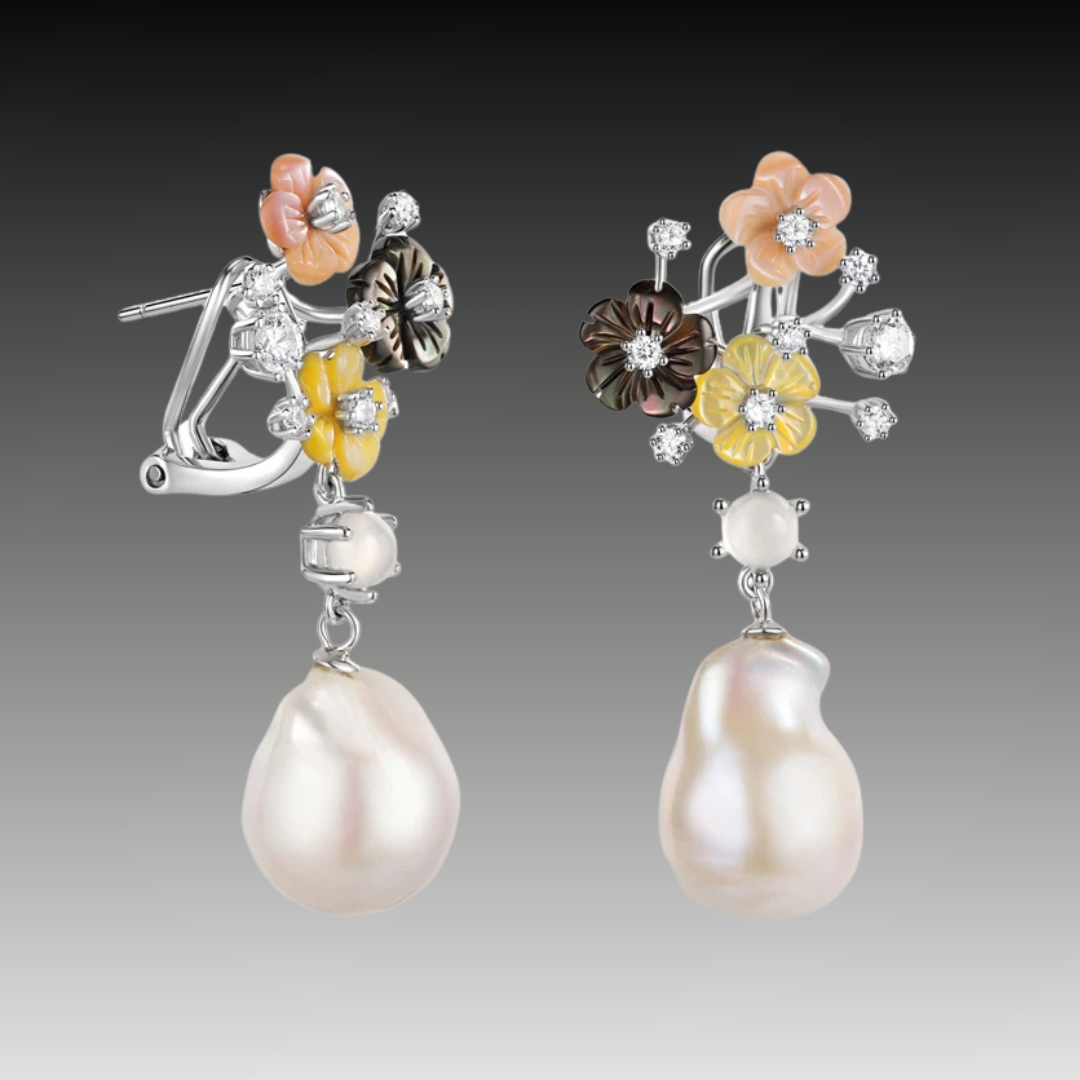 Dangling earrings with multicolour carved flowers and large baroque pearls