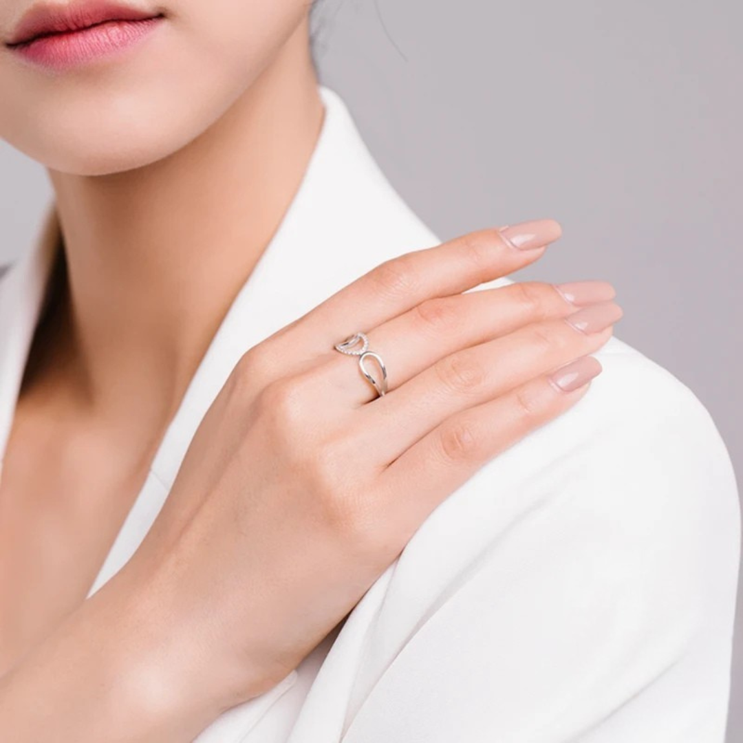 Sterling silver open ring with flowing abstract loops and pavé-set cubic zirconia, Bianco Nero collection