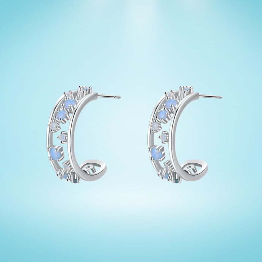 Silver hoop earrings with scattered opalescent and clear stones set in a textured band