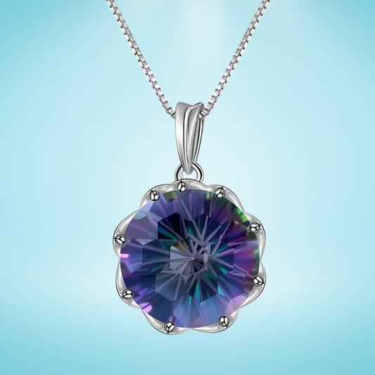 Silver pendant with a round multicoloured quartz stone in a scalloped prong setting

