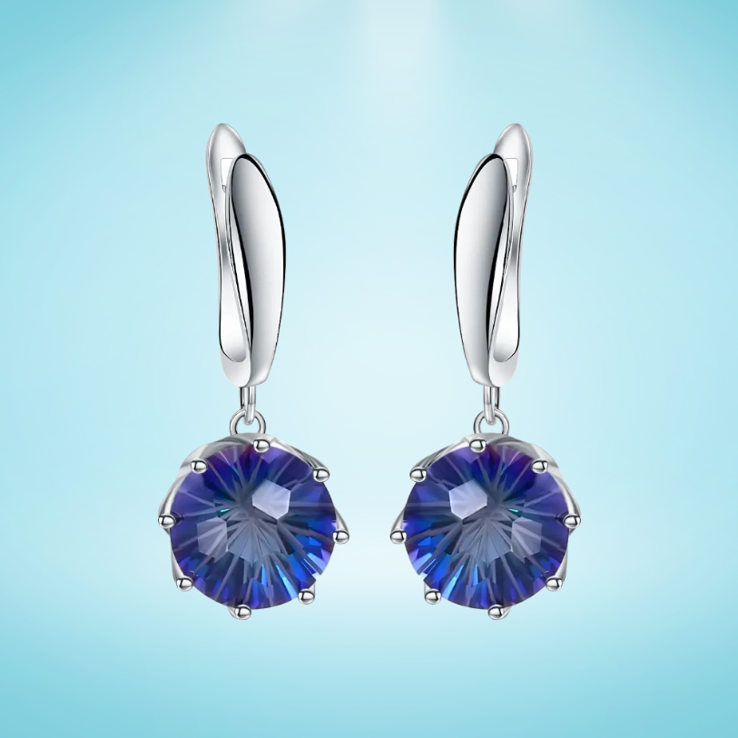 Silver drop earrings with round-cut mystic quartz stones in deep purple and blue tones

