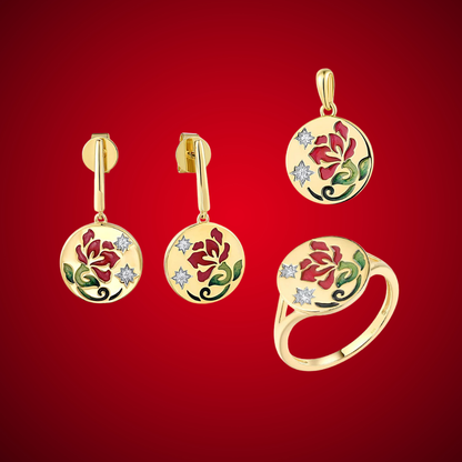 Gold jewelry set featuring red and green floral enamel design on round medallion earrings, pendant, and ring.

