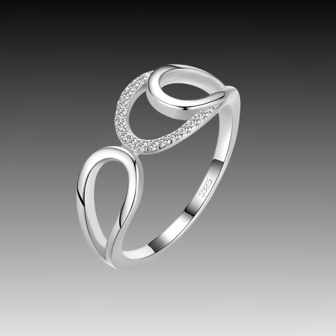 Sterling silver open ring with flowing abstract loops and pavé-set cubic zirconia, Bianco Nero collection