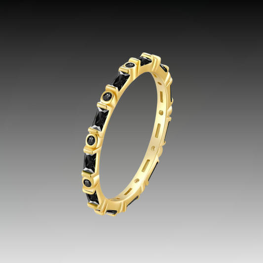 Gold ring with alternating black baguette and round stones in eternity style

