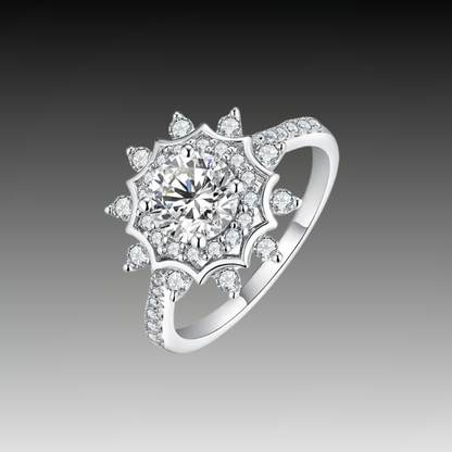 Silver ring with a radiant round central stone surrounded by a starburst of smaller stones, creating a layered floral effect.

