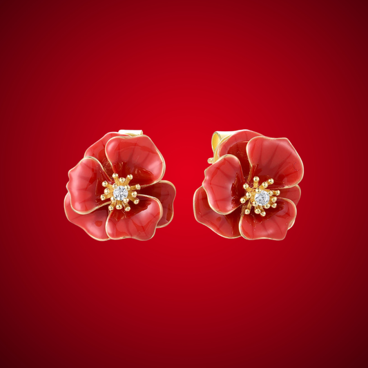 Pair of red enamel flower stud earrings with golden stamens and central clear stones, Rosa Rossa from the Rossa Collection.

