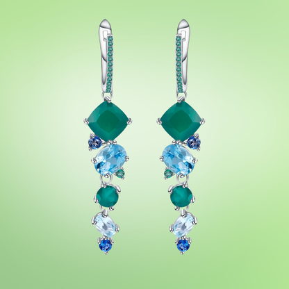 Dangling earrings with green and blue mixed gemstones in a nature-inspired cascading design

