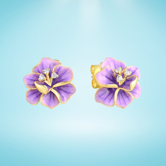 Gold floral stud earrings with violet enamel petals and crystal accents

