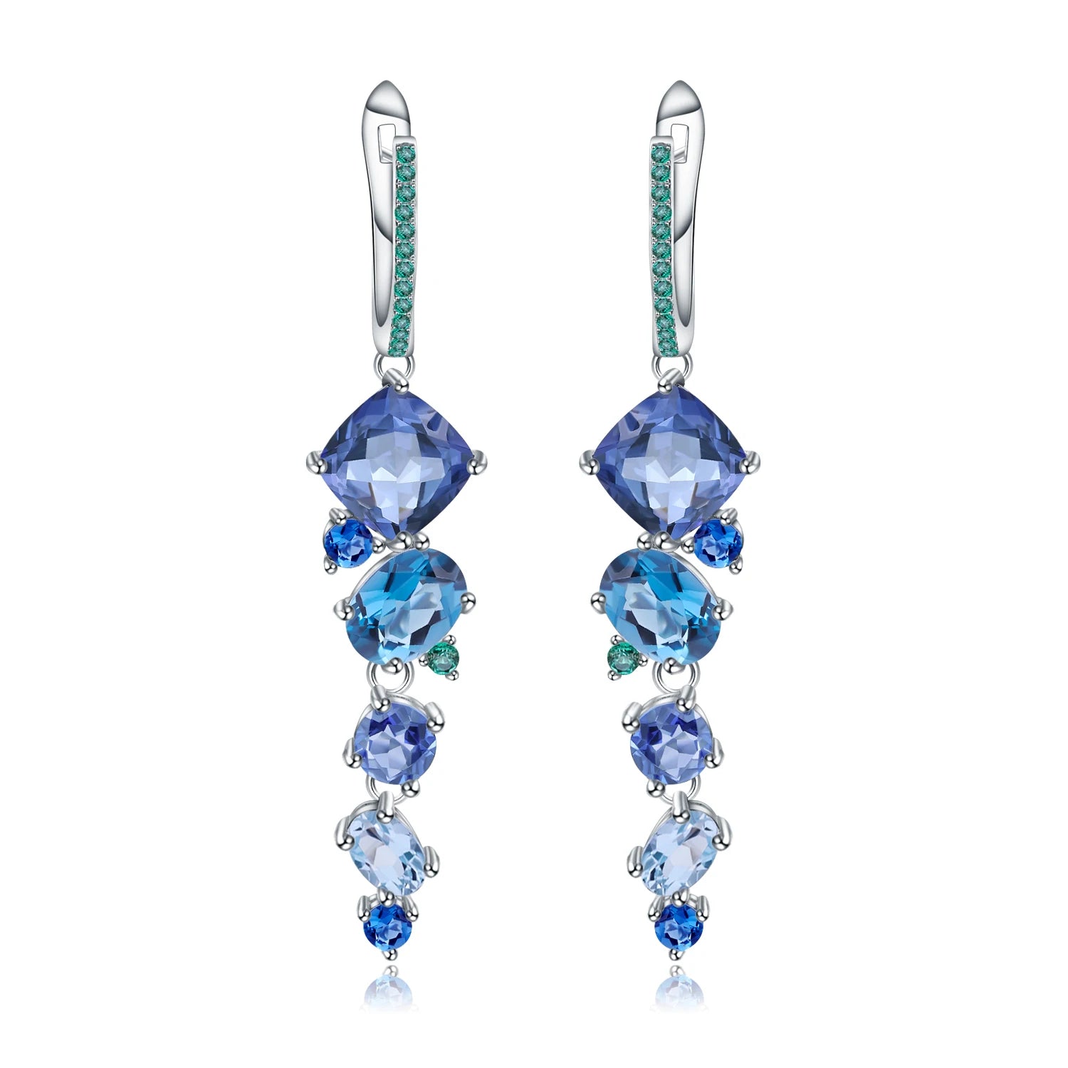 Dangling earrings with gradient blue and green stones set in silver

