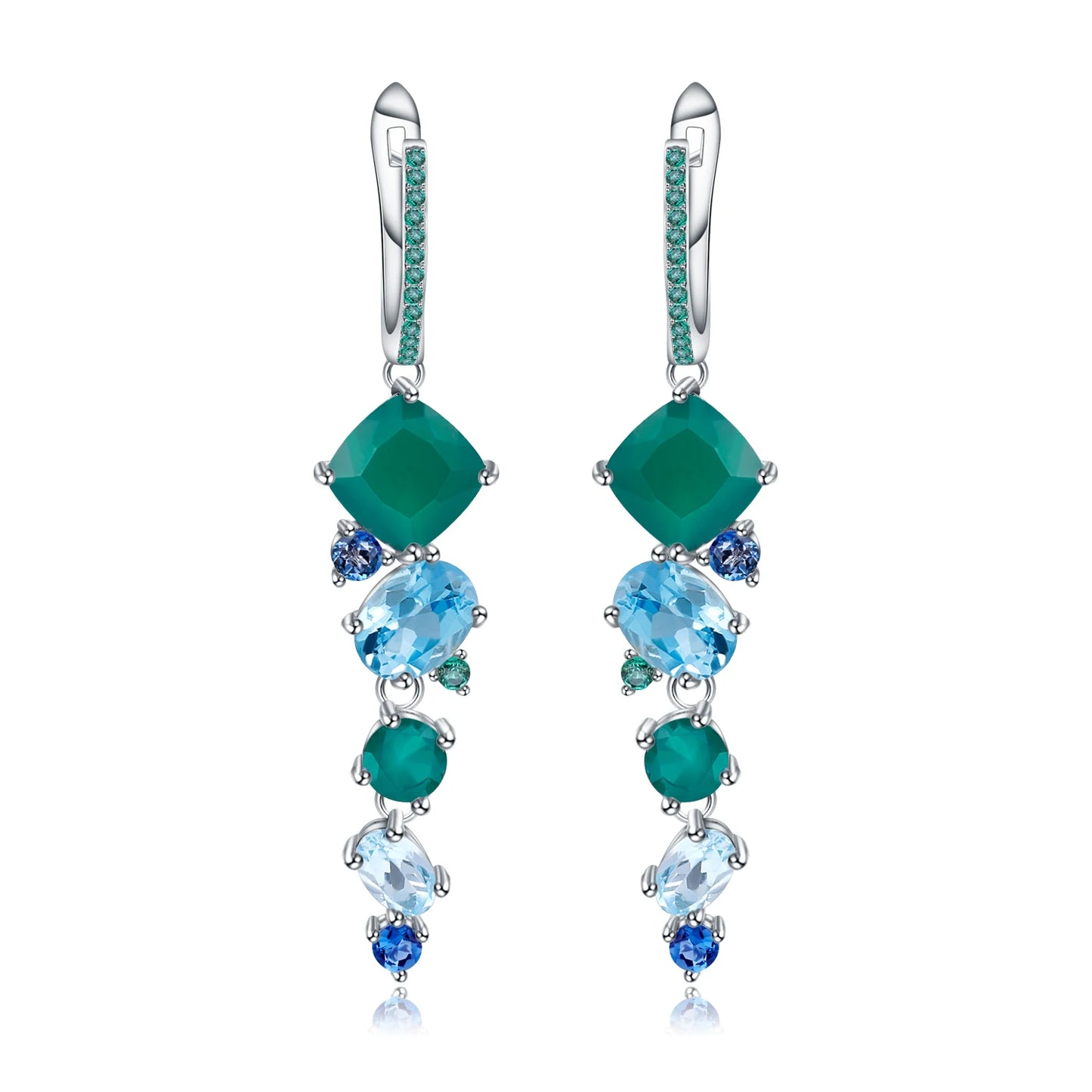 Dangling earrings with green and blue mixed gemstones in a nature-inspired cascading design



