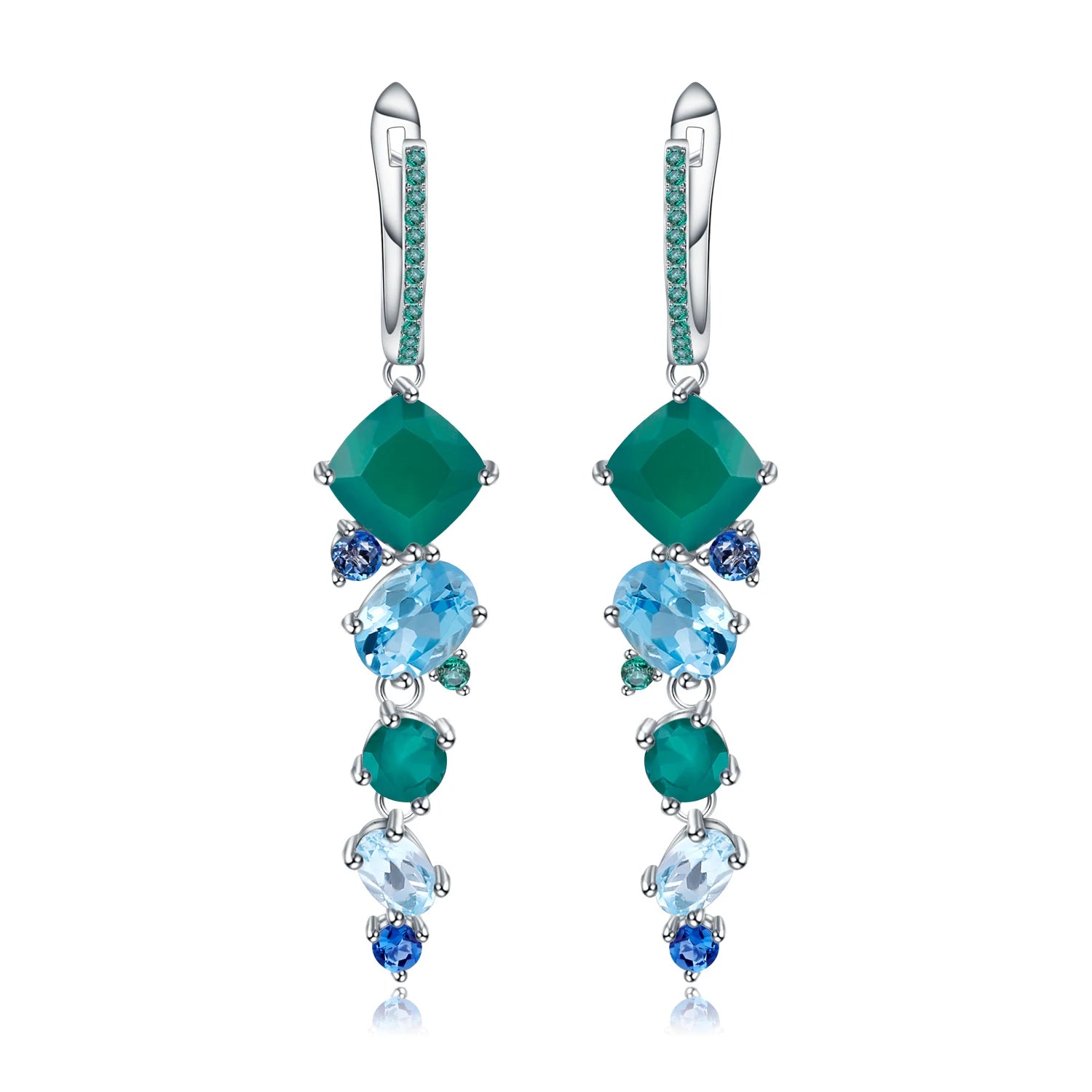 Dangling earrings with green and blue mixed gemstones in a nature-inspired cascading design



