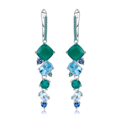 Dangling earrings with green and blue mixed gemstones in a nature-inspired cascading design



