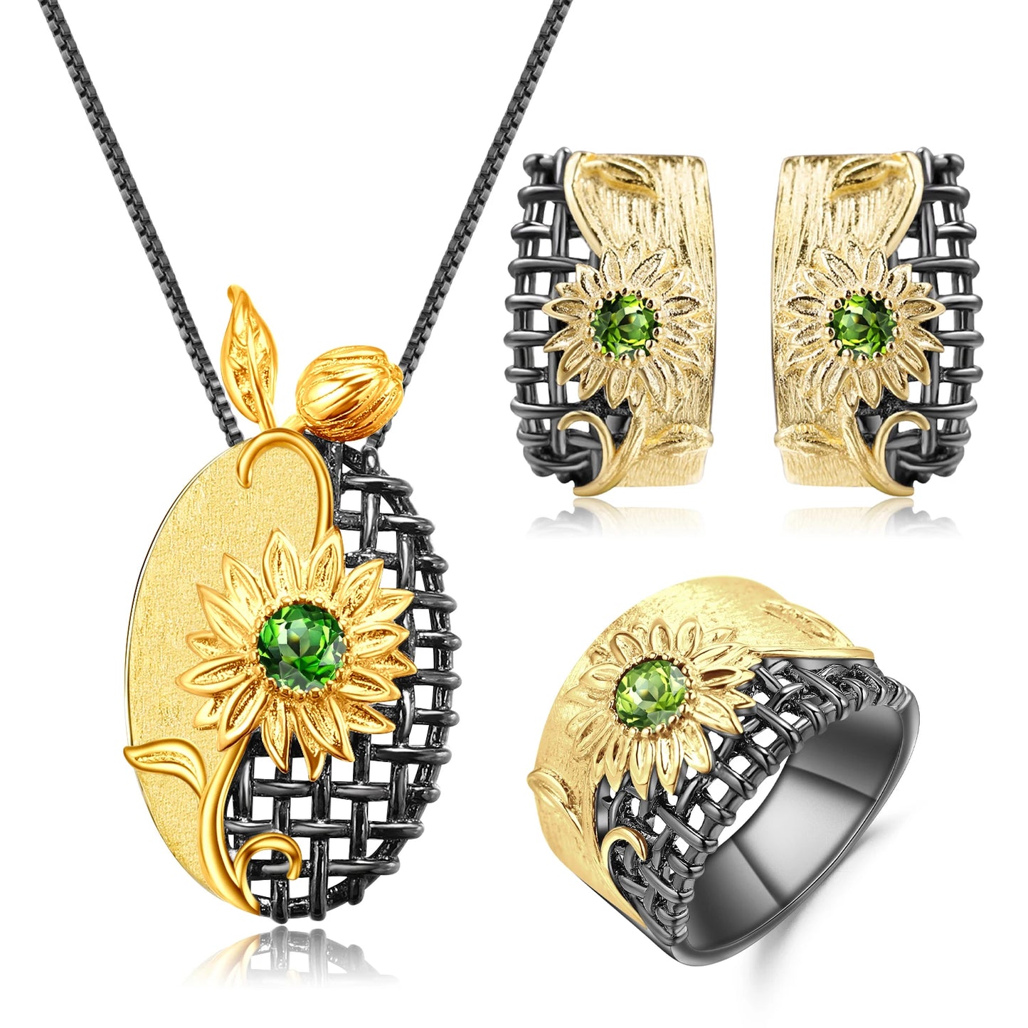 Coordinated necklace, earrings, and ring set with gold sunflower design and purple gemstones

