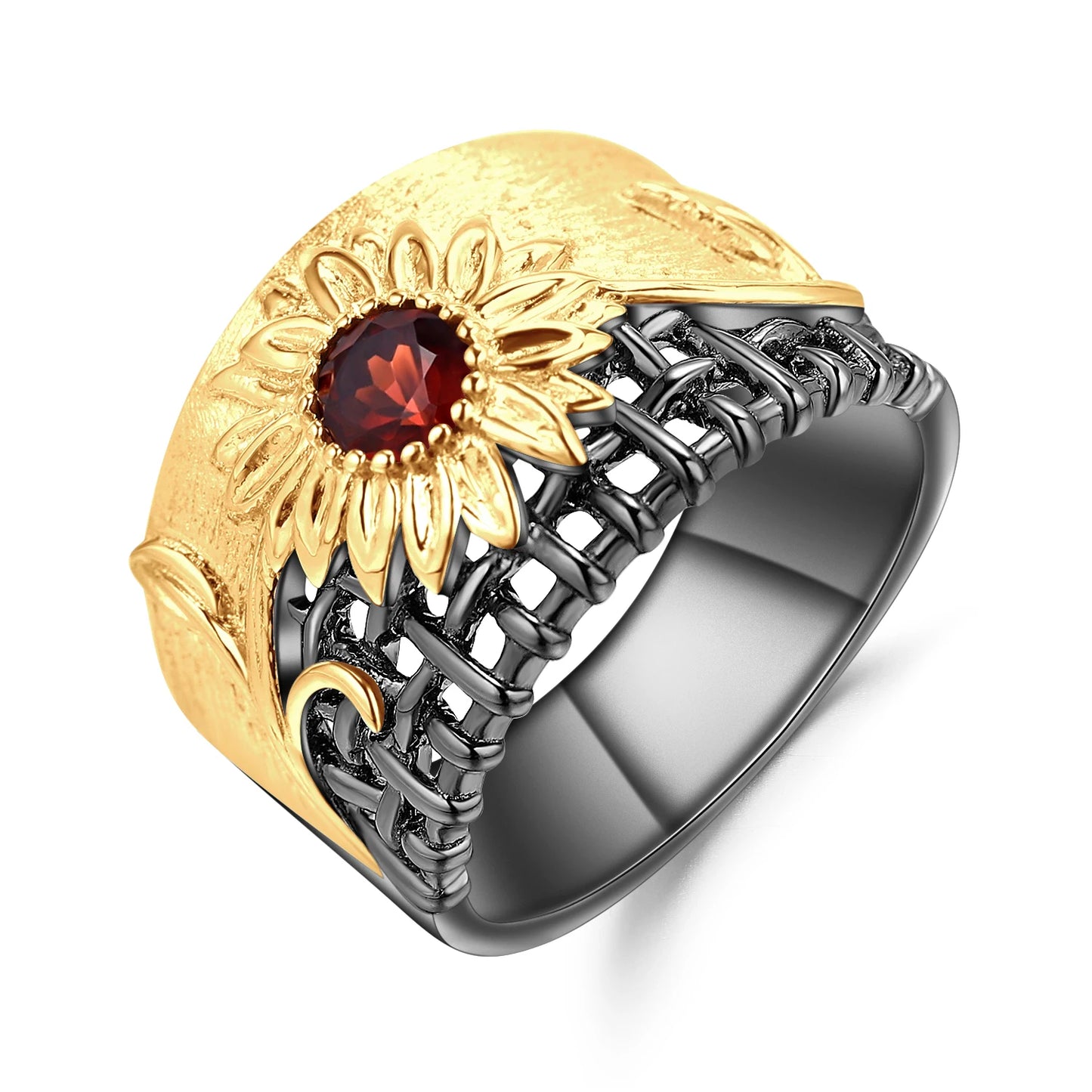 Coordinated necklace, earrings, and ring set with gold sunflower design and purple gemstones


