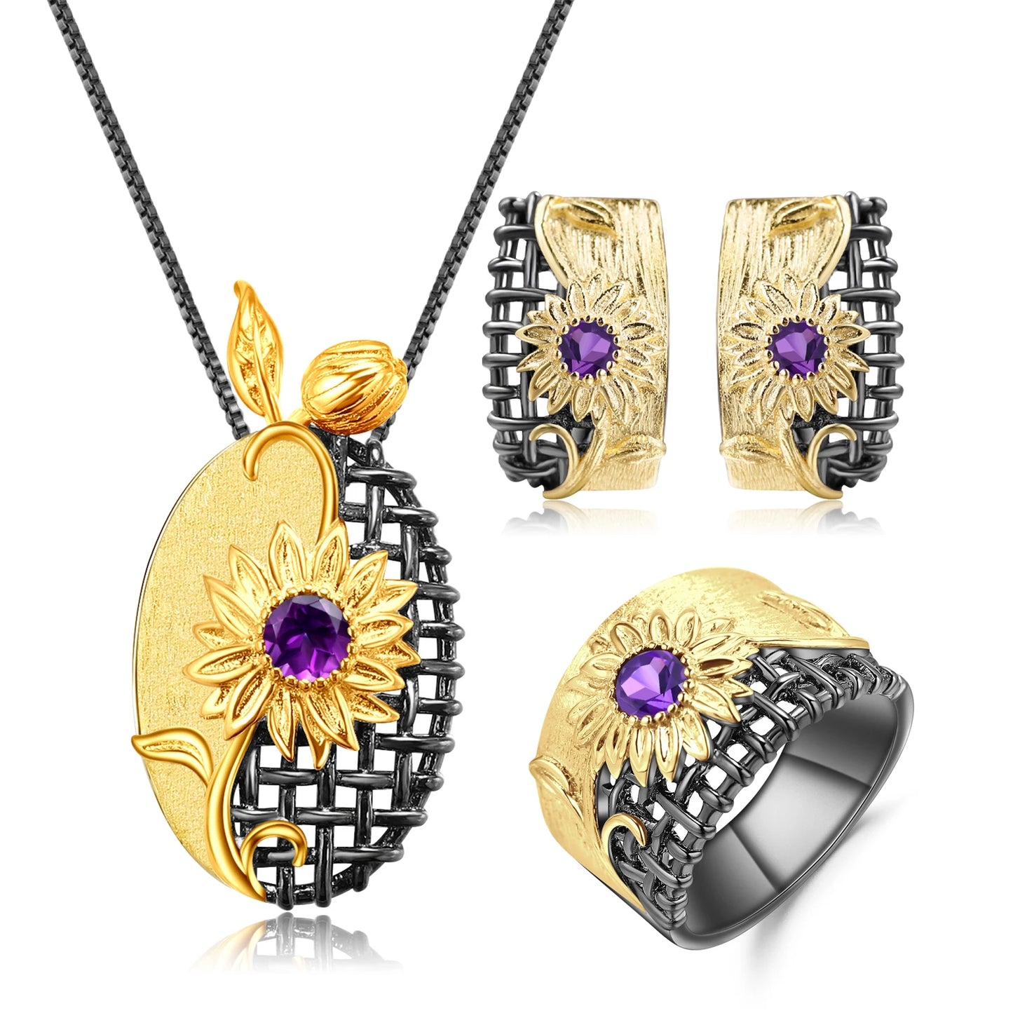 Coordinated necklace, earrings, and ring set with gold sunflower design and purple gemstones

