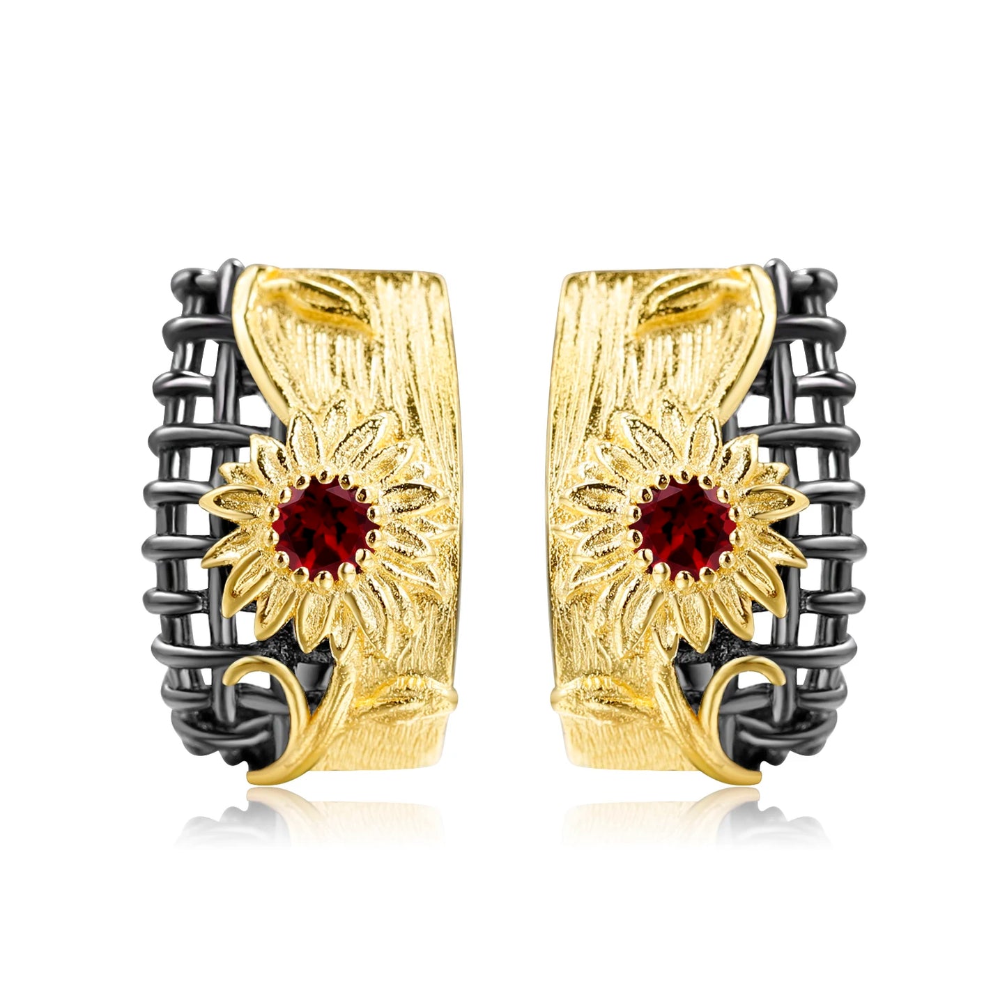 Coordinated necklace, earrings, and ring set with gold sunflower design and purple gemstones


