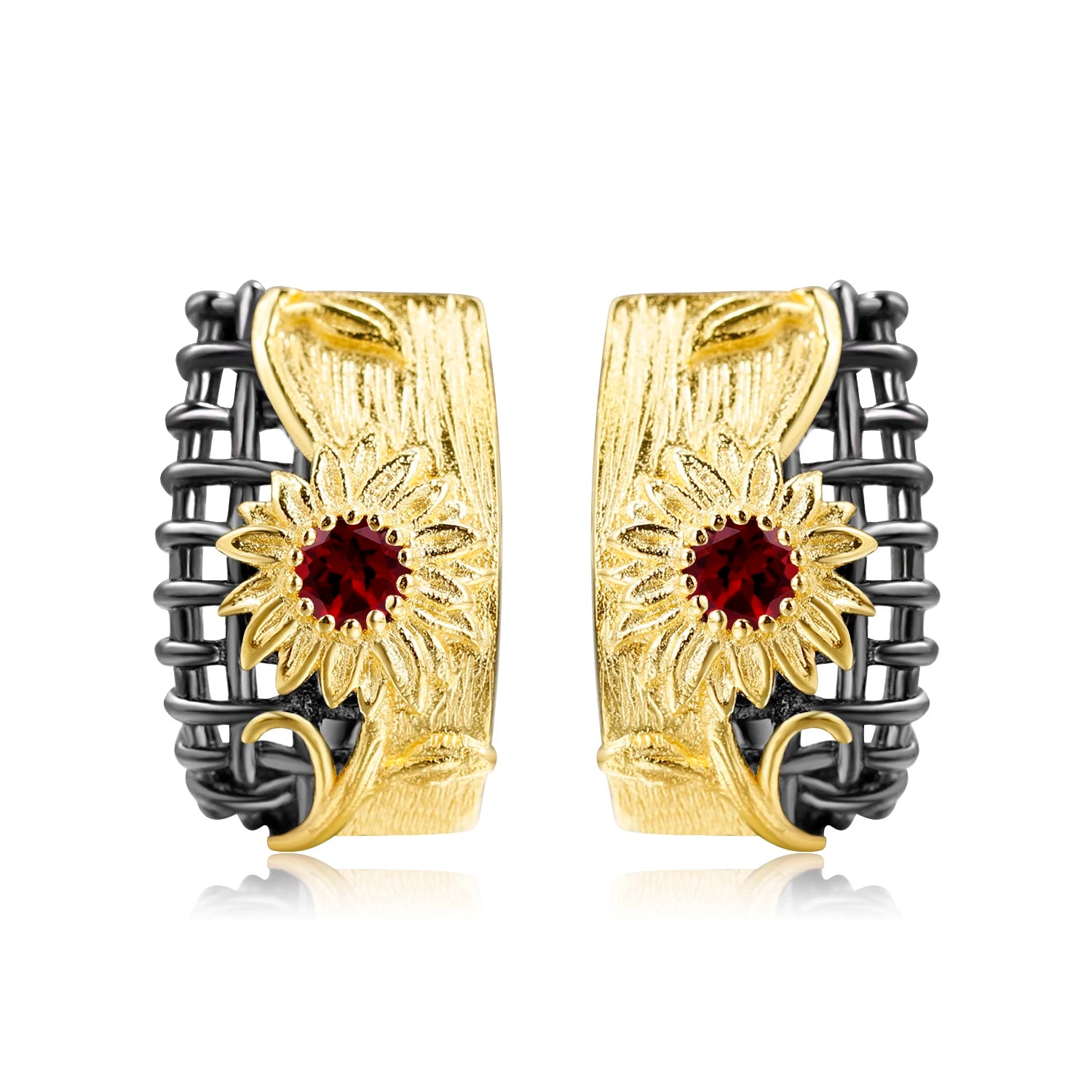 Coordinated necklace, earrings, and ring set with gold sunflower design and purple gemstones

