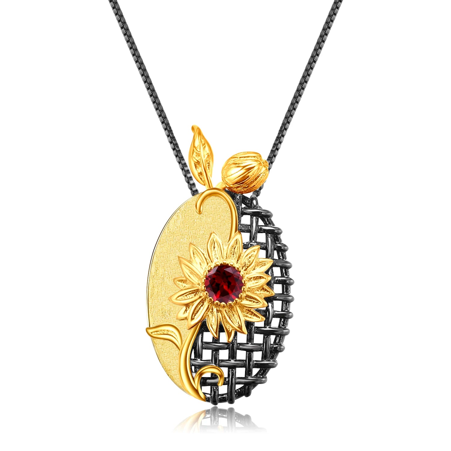 Coordinated necklace, earrings, and ring set with gold sunflower design and purple gemstones

