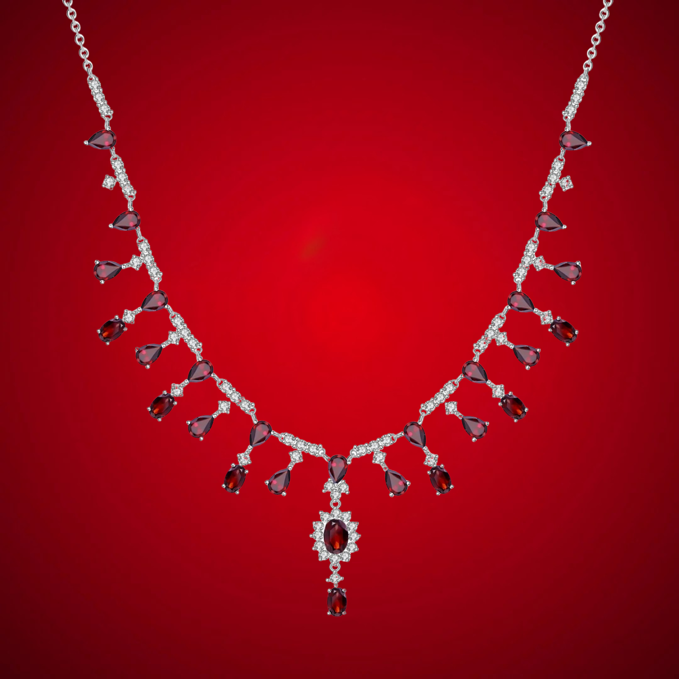 Elegant necklace with red gemstones and diamonds on a red background