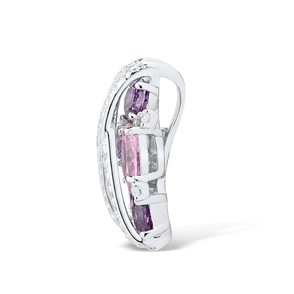 Ring featuring overlapping pavé crystal bands over clustered purple and pink gemstones in various cuts.


