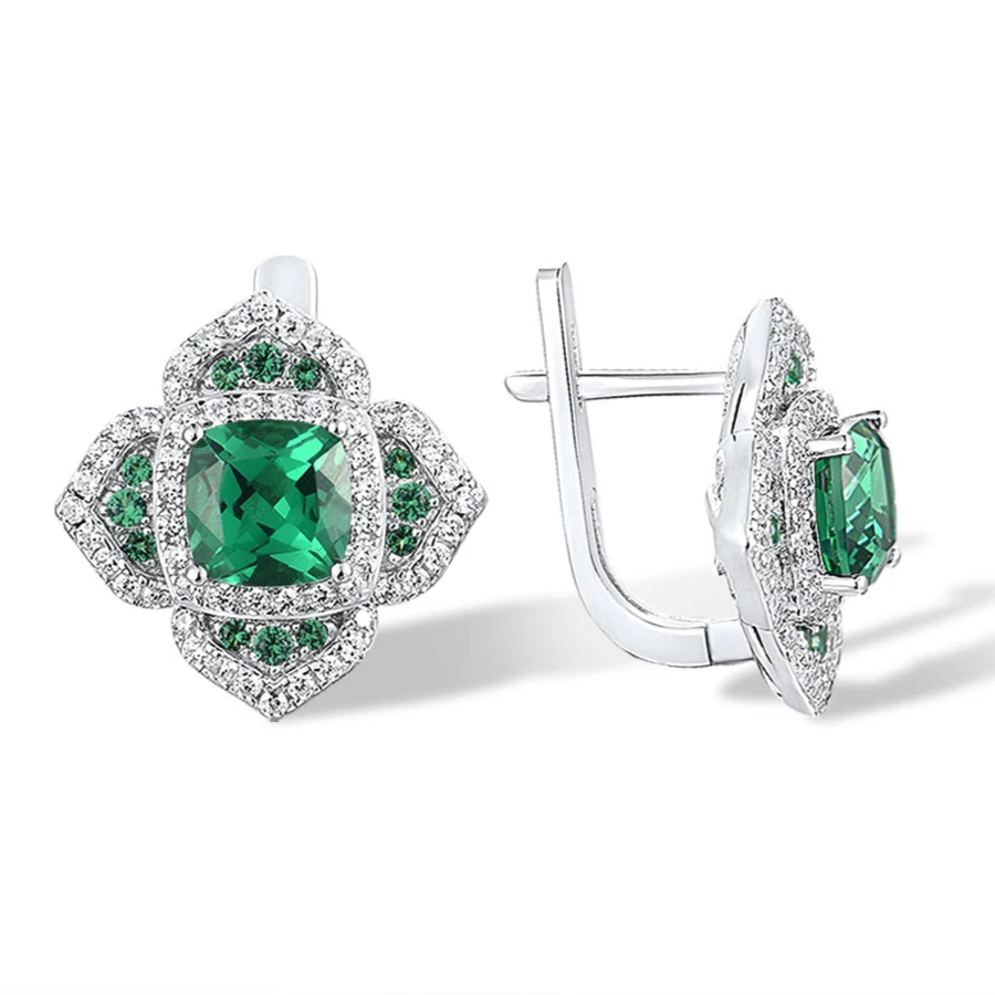 Cushion-cut green gemstone earrings with layered silver and green pavé accents

