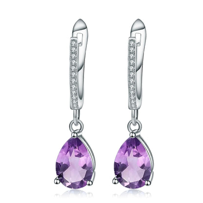 Set of three sterling silver drop earrings with pear-shaped stones in blue, navy, and violet, accented with pavé-set crystals