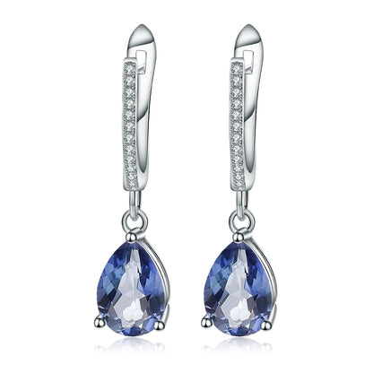 Set of three sterling silver drop earrings with pear-shaped stones in blue, navy, and violet, accented with pavé-set crystals