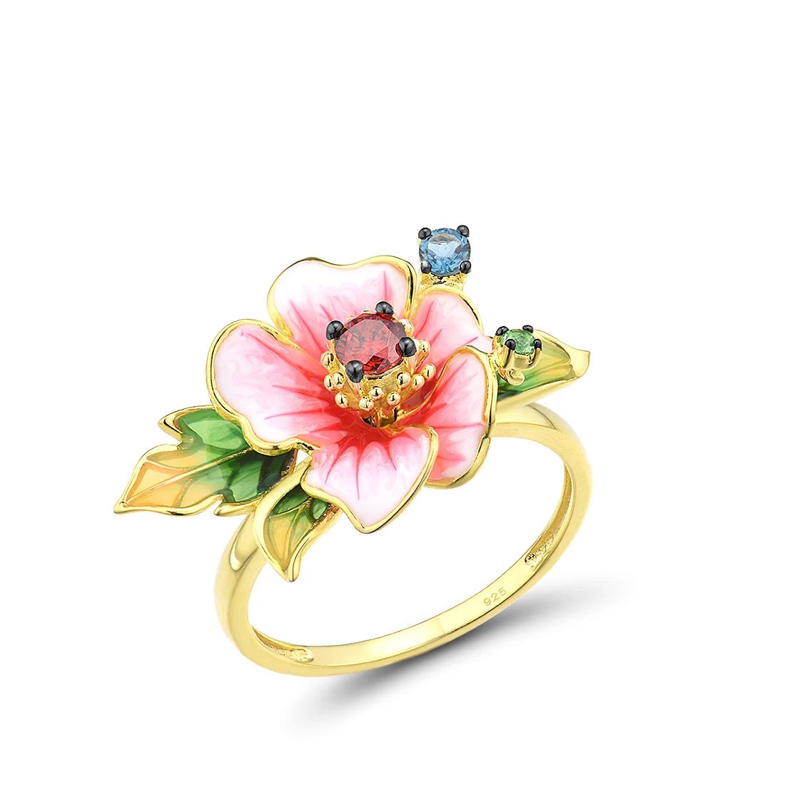 Amaryllis jewelry set with pink enamel flowers, red teardrop stones, green leaf accents, and small blue gemstones on a gold base.

