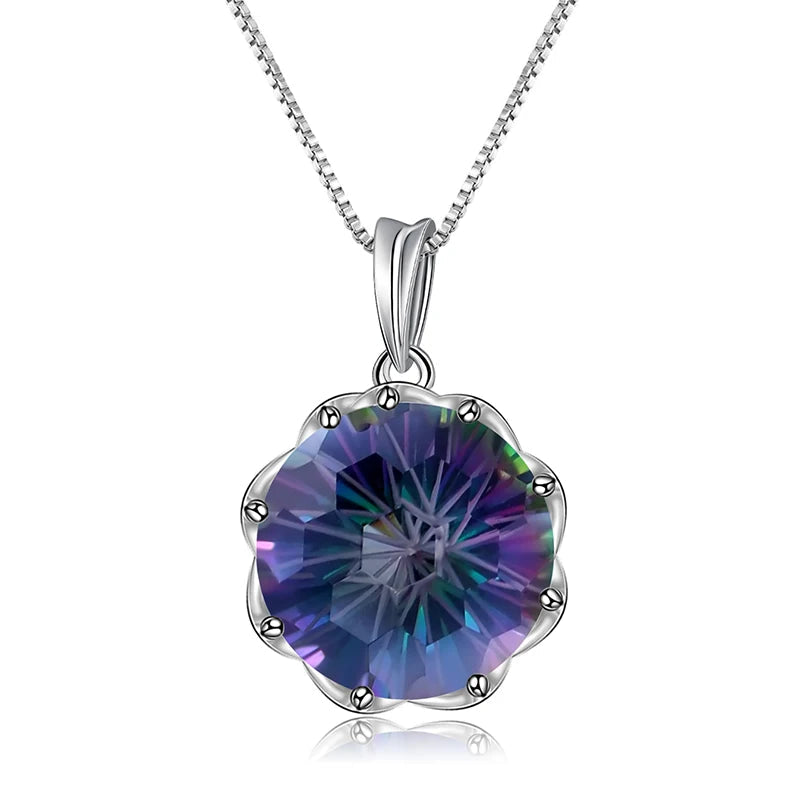 Silver pendant with a round multicoloured quartz stone in a scalloped prong setting

