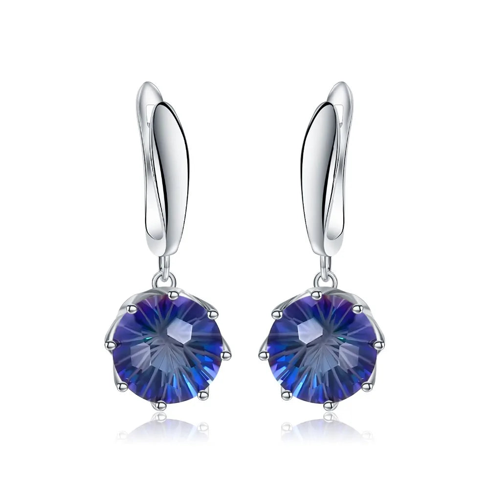 Silver drop earrings with round-cut mystic quartz stones in deep purple and blue tones

