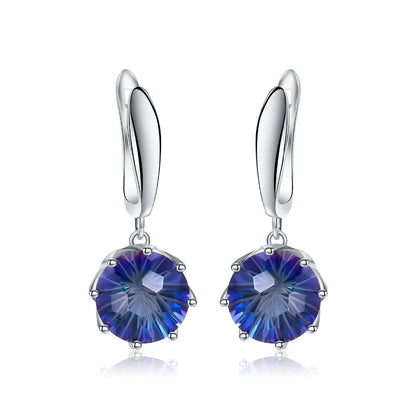 Silver drop earrings with round-cut mystic quartz stones in deep purple and blue tones

