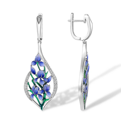 Sterling silver drop earrings featuring blue and green enamel floral vines framed in teardrop-shaped pavé-set silver
