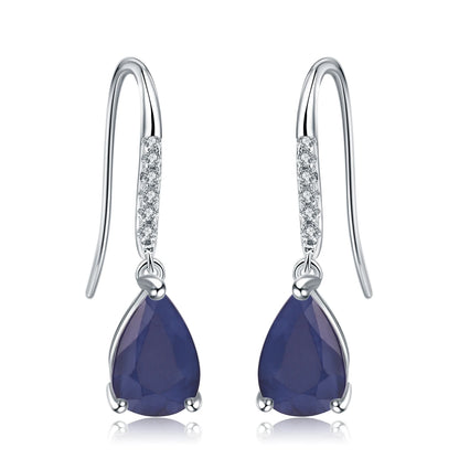 Set of three sterling silver drop earrings with pear-shaped stones in blue, navy, and violet, accented with pavé-set crystals
