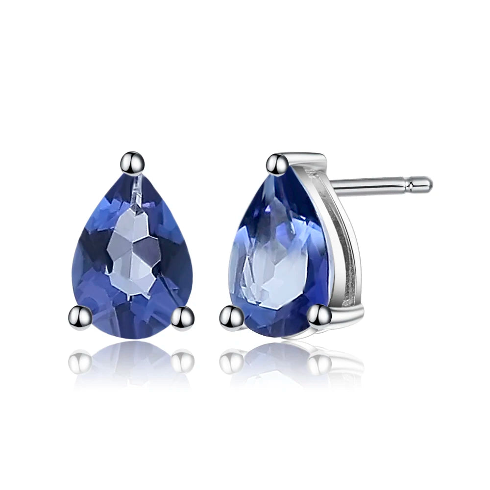 Silver stud earrings with deep blue teardrop-shaped quartz stones

