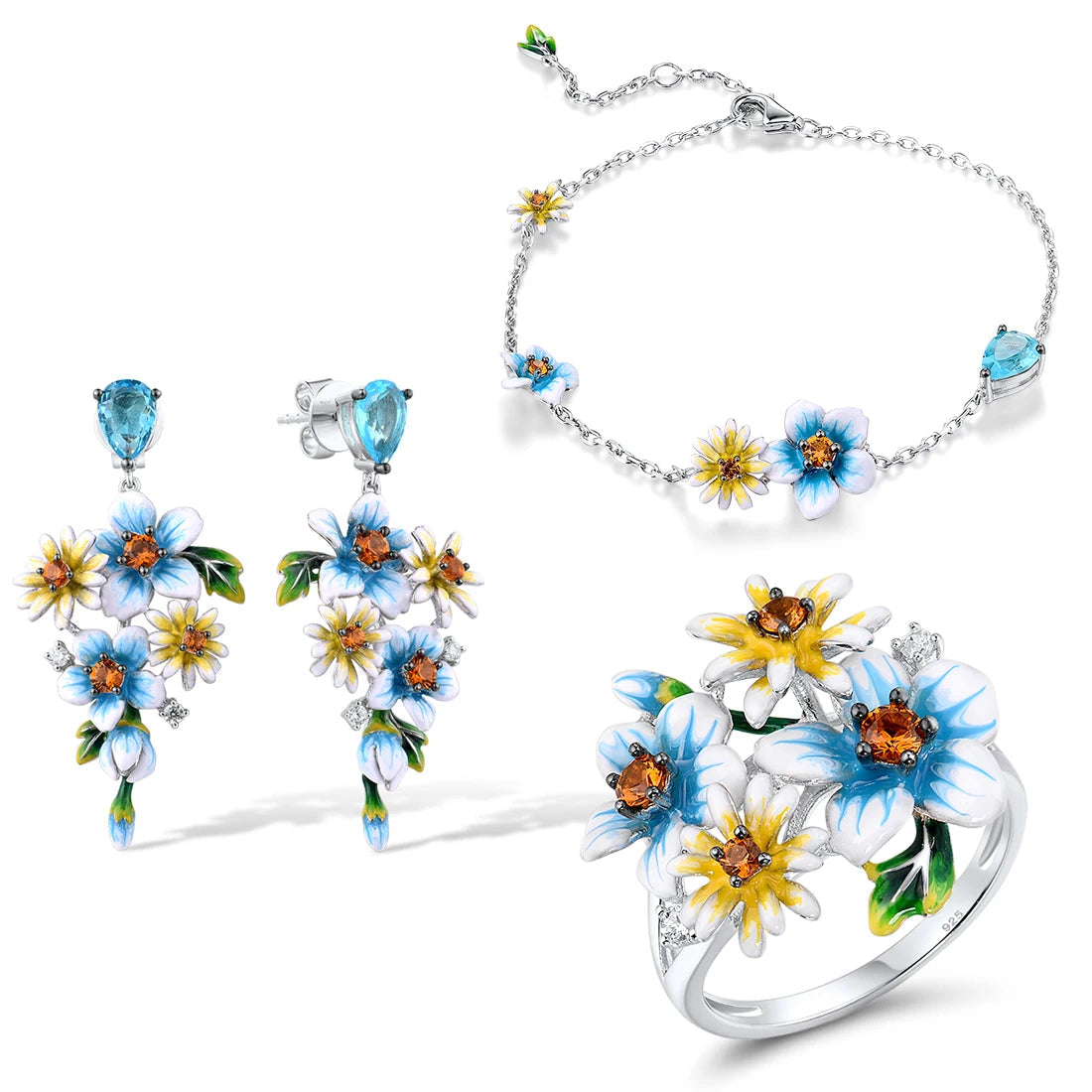 Floral jewelry set with enamelled white, blue, and yellow blossoms, accented by orange and blue gemstones

