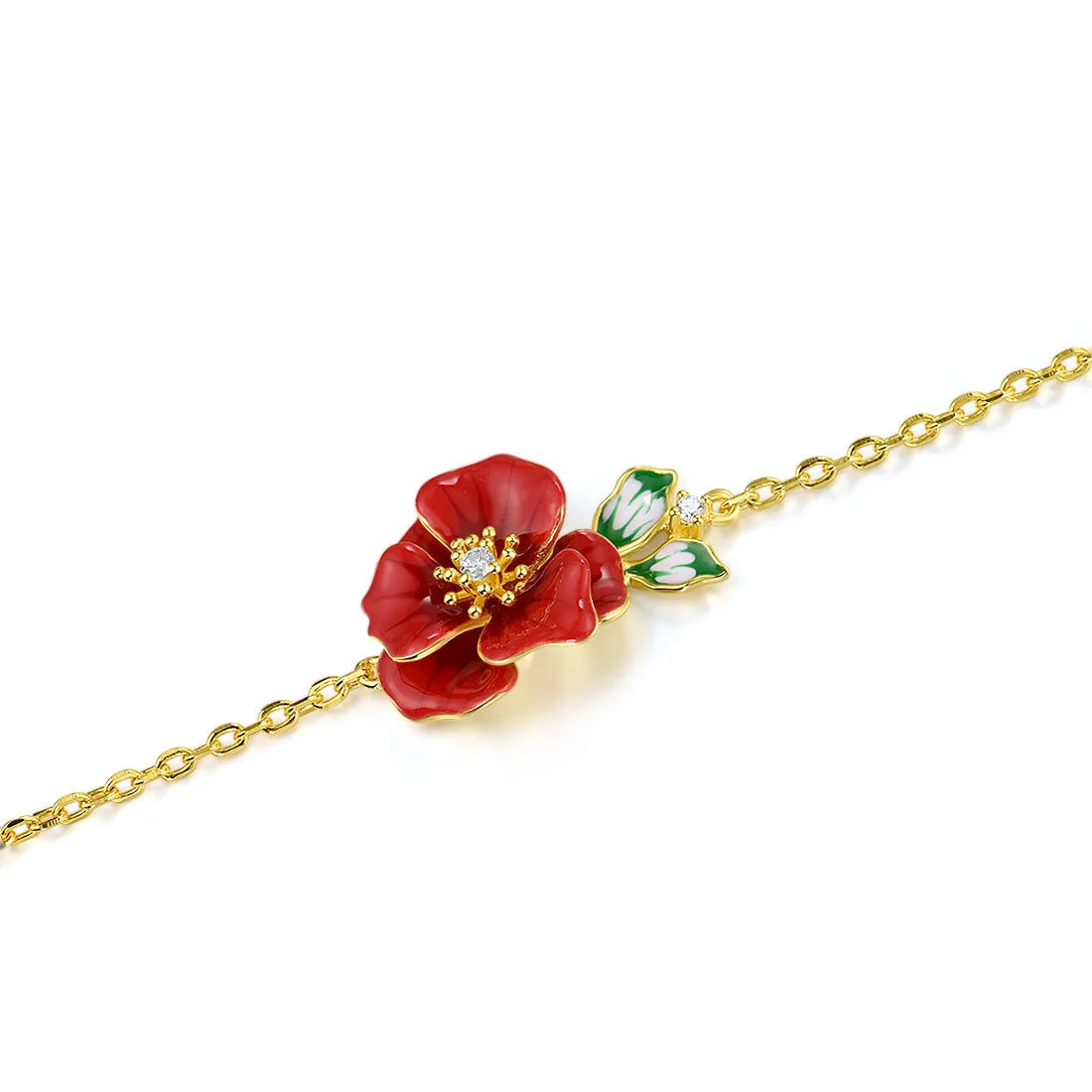 Delicate gold bracelet featuring a red enamel flower with a crystal center and green-and-white enamel leaves, Rosa Rossa from the Rossa Collection.


