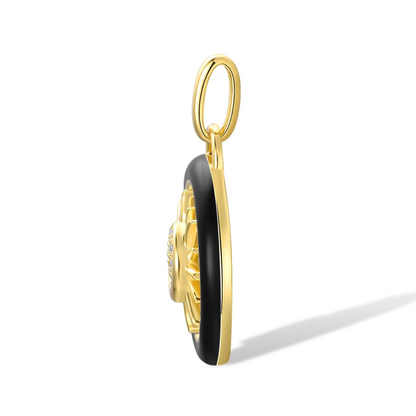 Gold and black circular sun pendant with clear stones at the center, titled Solis Oro.

