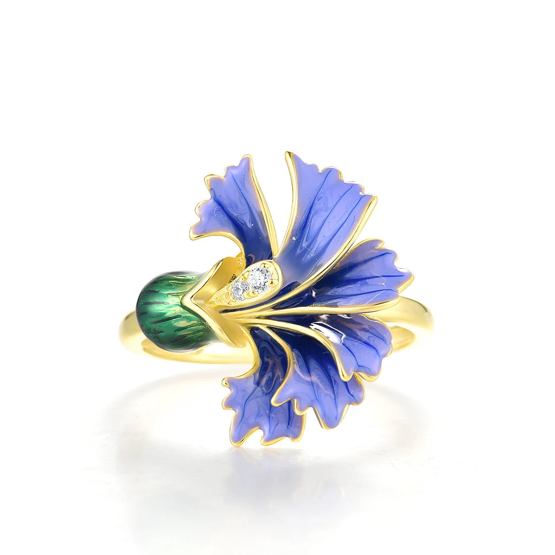 Gold ring with a violet enamel flower and green enamel bud, accented with small clear stones

