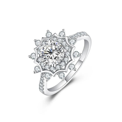 Silver ring with a radiant round central stone surrounded by a starburst of smaller stones, creating a layered floral effect.

