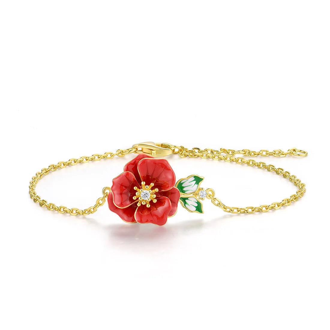 Delicate gold bracelet featuring a red enamel flower with a crystal center and green-and-white enamel leaves, Rosa Rossa from the Rossa Collection.

